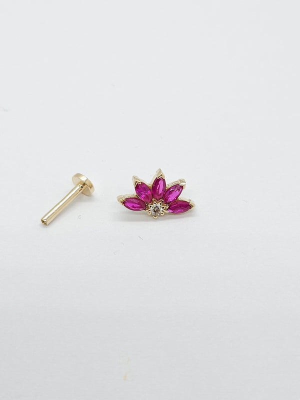 Diamond Rubies Engraved Lotus Threaded Stud Earring